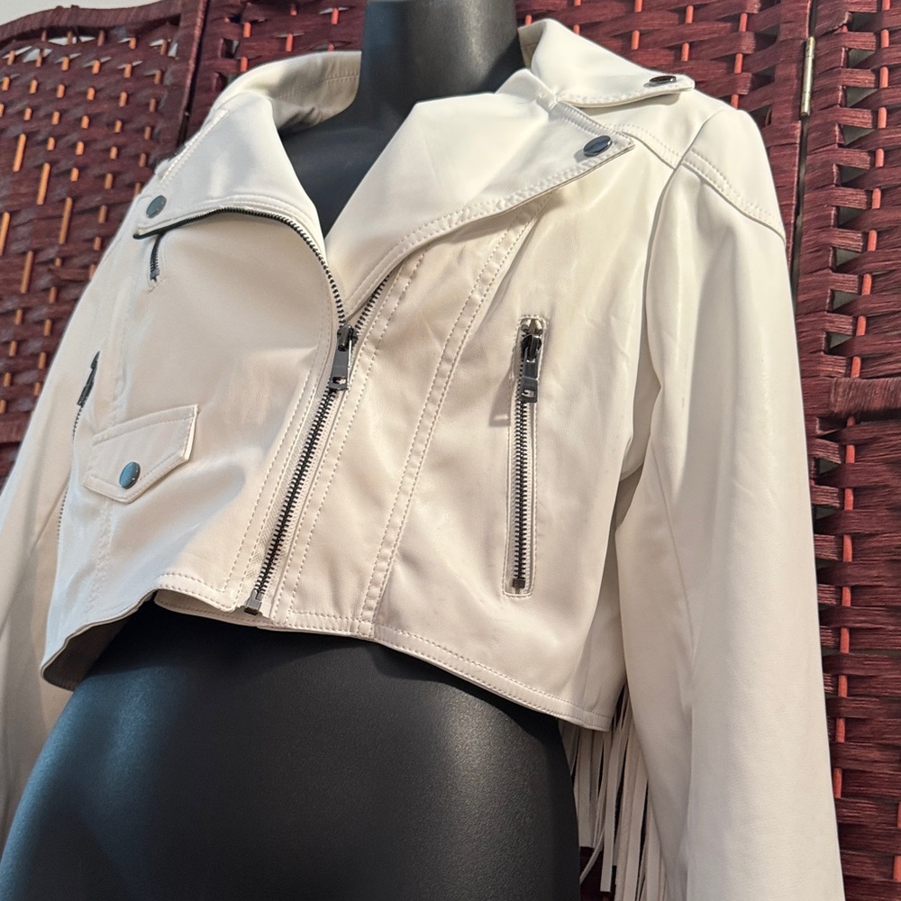 Faux Leather Fringe White Moto Jacket - M - Picture 7 of 16